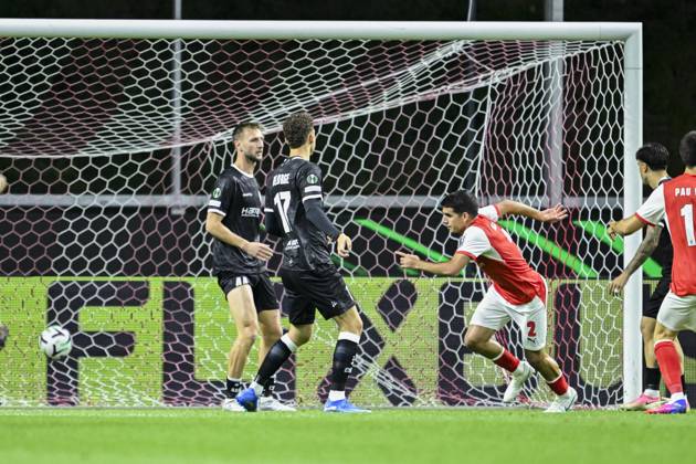 SC Braga v KAA Gent - UEFA Conference League BRAGA, PORTUGAL - OCTOBER 22 : Gomez Victor defender of SC Braga scoring a goal during the UEFA Conference League 2026 27 League Phase matchday 2 match between SC Braga and KAA Gent on October 22, 2026 in Braga, Portugal, 22 10 2026 Braga Portugal  Copyright: xNicoxVereeckenx