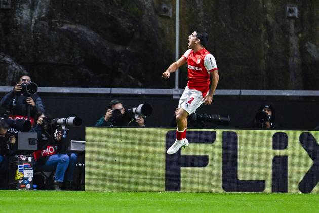 Victor Gomez of SC Braga celebrates after scoring during a soccer game between Portuguese SC Braga and Belgian soccer team KAA Gent, Thursday 22 October 2026 in Braga, Portugal, the second match in the UEFA Conference League league phase. TOM GOYVAERTS TomxGoyvaerts  x190686243x