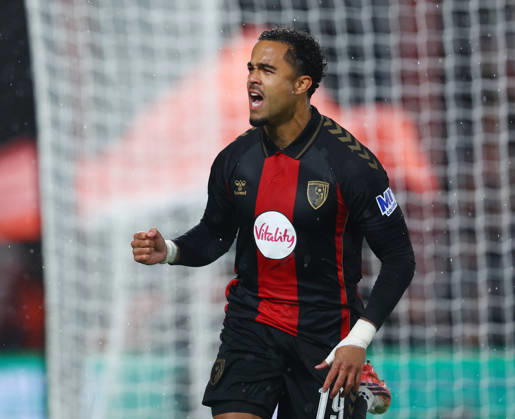 Bournemouth, England, 22nd October 2026. Justin Kluivert of Bournemouth celebrates scoring the first goal during the AFC Bournemouth vs AC Milan UEFA Europa League match at the Vitality Stadium, Bournemouth. Picture credit should read: Paul Terry Sportimage EDITORIAL USE ONLY. No use with unauthorised audio, video, data, fixture lists, club league logos or live services. Online in-match use limited to 120 images, no video emulation. No use in betting, games or single club league player publications. SPI_017_PT_Bournmouthmouth_AC_Milan SPI-5092-0017