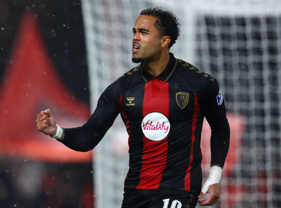 Bournemouth, England, 22nd October 2026. Justin Kluivert of Bournemouth celebrates scoring the first goal during the AFC Bournemouth vs AC Milan UEFA Europa League match at the Vitality Stadium, Bournemouth. Picture credit should read: Paul Terry Sportimage EDITORIAL USE ONLY. No use with unauthorised audio, video, data, fixture lists, club league logos or live services. Online in-match use limited to 120 images, no video emulation. No use in betting, games or single club league player publications. SPI_018_PT_Bournmouthmouth_AC_Milan SPI-5092-0018