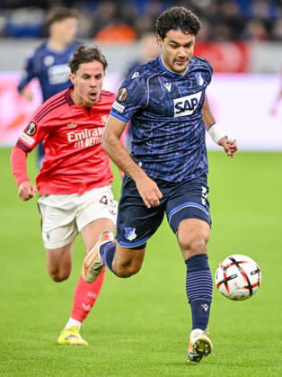 Rémi Himbert (Olympique Lyon) and Ozan Kabak (TSG 1899 Hoffenheim) battle for the ball during the UEFA Europa League 2026 27 League Phase match between TSG 1899 Hoffenheim and Olympique Lyonnais at Rhein-Neckar-Arena on October 22, 2026 in Sinsheim, Germany. (Photo by Harry Langer DeFodi Images) -