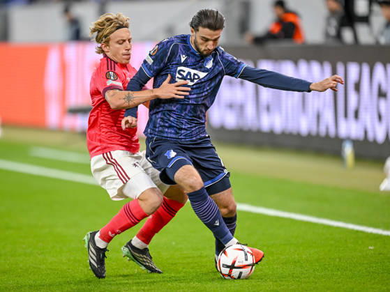 Mads Bidstrup (Olympique Lyon) and Leon Avdullahu (TSG 1899 Hoffenheim) battle for the ball during the UEFA Europa League 2026 27 League Phase match between TSG 1899 Hoffenheim and Olympique Lyonnais at Rhein-Neckar-Arena on October 22, 2026 in Sinsheim, Germany. (Photo by Harry Langer DeFodi Images) -