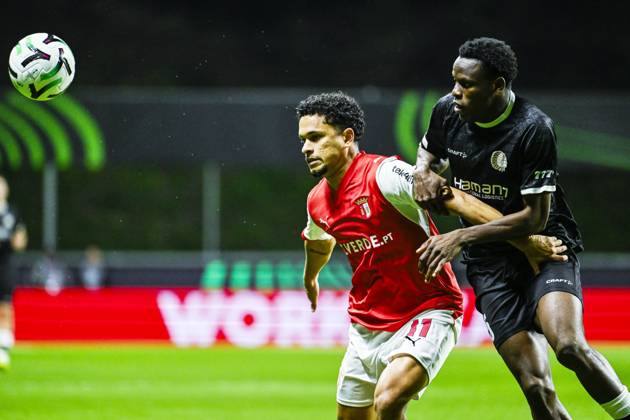 Gabriel Silva of SC Braga and Hyllarion Goore of KAA Gent pictured in action during a soccer game between Portuguese SC Braga and Belgian soccer team KAA Gent, Thursday 22 October 2026 in Braga, Portugal, the second match in the UEFA Conference League league phase. TOM GOYVAERTS TomxGoyvaerts  x190686768x