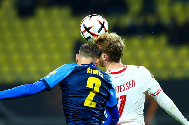 SOCCER - UEFA EL, Celje vs RBS CELJE,SLOVENIA,22.OCT.26 - SOCCER - UEFA Europa League, NK Celje vs Red Bull Salzburg. Image shows Pijus Sirvys (Celje) and Yorbe Vertessen (Salzburg).  GEPAxpictures xJamesxDoak
