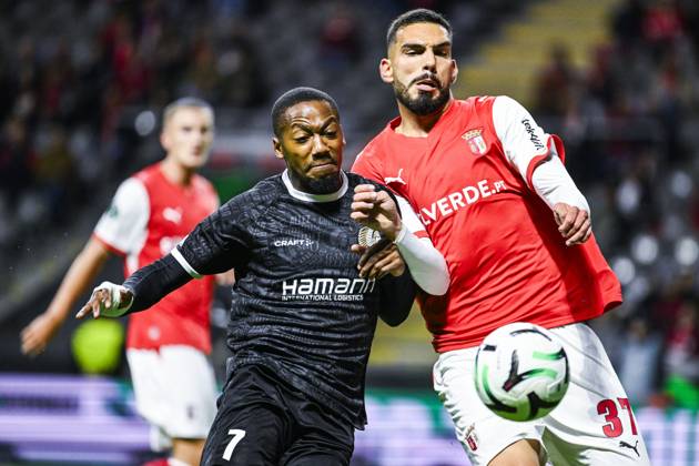 Michel-Ange Sumai Balikwisha of KAA Gent and Adrian Leon Barisic of SC Braga pictured in action during a soccer game between Portuguese SC Braga and Belgian soccer team KAA Gent, Thursday 22 October 2026 in Braga, Portugal, the second match in the UEFA Conference League league phase. TOM GOYVAERTS TomxGoyvaerts  x190687422x