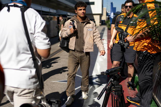 British Formula One driver Lando Norris of McLaren F1 Team arrives in the paddock during the Formula One United States Grand Prix at the Circuit of the Americas in Austin, Texas on Thursday, October 22, 2026.  AUS2026102216 GREGxNASH