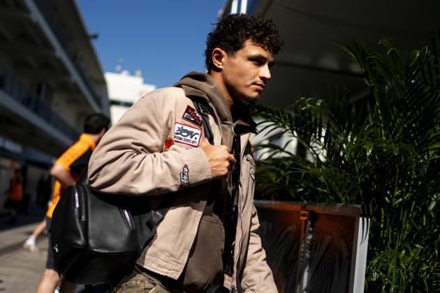 British Formula One driver Lando Norris of McLaren F1 Team arrives in the paddock during the Formula One United States Grand Prix at the Circuit of the Americas in Austin, Texas on Thursday, October 22, 2026.  AUS2026102217 GREGxNASH