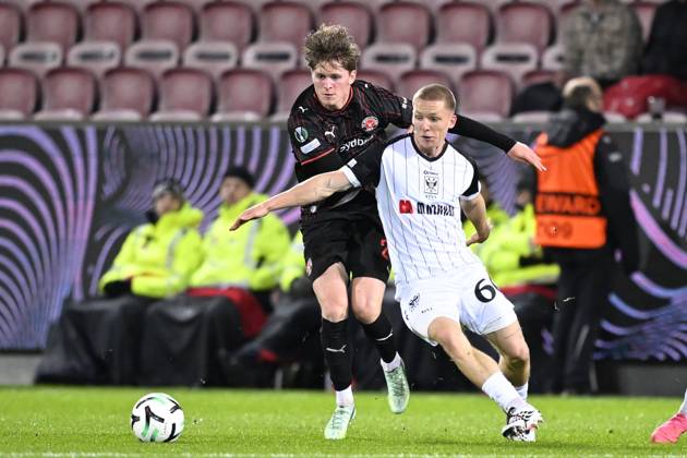 FC Midtjylland v Sint-Truidense VV - UEFA Conference League HERNING, DENMARK - OCTOBER 22 : Johannesen Sofus midfielder of Midtjylland and Vanwesemael Robert-Jan defender of Sint-Truidense VV during the UEFA Conference League 2026 27 League Phase matchday 2 match between FC Midtjylland and Sint-Truidense VV on October 22, 2026 in Herning, Denmark, 22 10 2026 Herning Denmark  Copyright: xTomasxSiskx