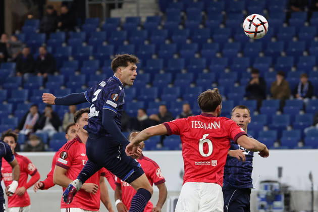 Sinsheim, Germany - Octobre 22: Robin Hranac (TSG 1899 Hoffenheim) in action, with the ball Tanner Tessmann (Olympique Lyon) during the UEFA Europa League phase Matchday 3 2026 27 match between TSG Hoffenheim and Olympique Lyon at Rhein Neckar Arena on Octobre, 2026 in Sinsheim, Germany Copyright: HMBxMedia JoaquimxFerreira