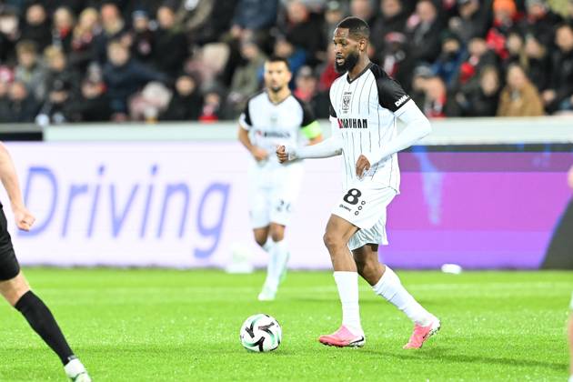 STVV s Abdoulaye Sissako pictured in action during a soccer game between Danish FC Midtjylland and Belgian Sint-Truidense VV, Thursday 22 October 2026 in Herning, Denmark, on the second day of the UEFA Conference League league phase. JILLxDELSAUX  x190688357x