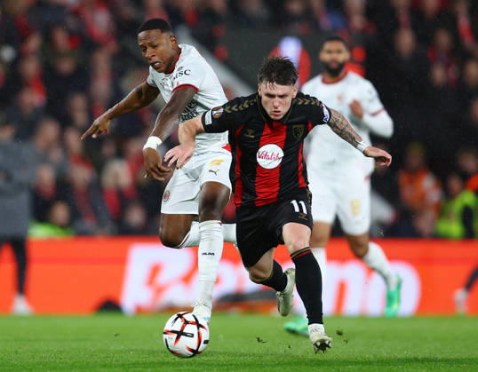 Bournemouth, England, 22nd October 2026. Pervis Estupinan of AC Milan tackles Ben Gannon-Doak of Bournemouth during the AFC Bournemouth vs AC Milan UEFA Europa League match at the Vitality Stadium, Bournemouth. Picture credit should read: Paul Terry Sportimage EDITORIAL USE ONLY. No use with unauthorised audio, video, data, fixture lists, club league logos or live services. Online in-match use limited to 120 images, no video emulation. No use in betting, games or single club league player publications. SPI_024_PT_Bournmouthmouth_AC_Milan SPI-5092-0024
