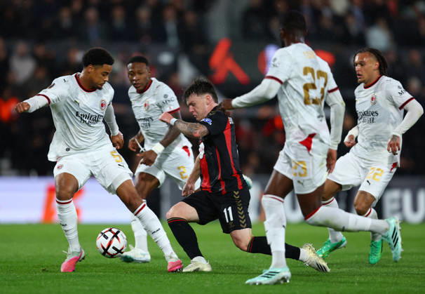 Bournemouth, England, 22nd October 2026. Ben Gannon-Doak of Bournemouth skips past Koni De Winter of AC Milan during the AFC Bournemouth vs AC Milan UEFA Europa League match at the Vitality Stadium, Bournemouth. Picture credit should read: Paul Terry Sportimage EDITORIAL USE ONLY. No use with unauthorised audio, video, data, fixture lists, club league logos or live services. Online in-match use limited to 120 images, no video emulation. No use in betting, games or single club league player publications. SPI_026_PT_Bournmouthmouth_AC_Milan SPI-5092-0026