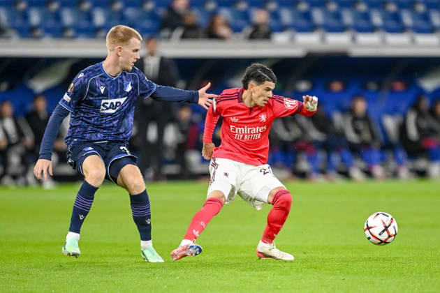Mats Rots (TSG 1899 Hoffenheim) and Kail Boudache (Olympique Lyon) battle for the ball during the UEFA Europa League 2026 27 League Phase match between TSG 1899 Hoffenheim and Olympique Lyonnais at Rhein-Neckar-Arena on October 22, 2026 in Sinsheim, Germany. (Photo by Harry Langer DeFodi Images) -