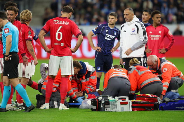 Sinsheim, Germany - Octobre 22: Steeve Kango (Olympique Lyonnais) being treated for an injury on the ground during the UEFA Europa League phase Matchday 3 2026 27 match between TSG Hoffenheim and Olympique Lyon at Rhein Neckar Arena on Octobre, 2026 in Sinsheim, Germany Copyright: HMBxMedia JoaquimxFerreira