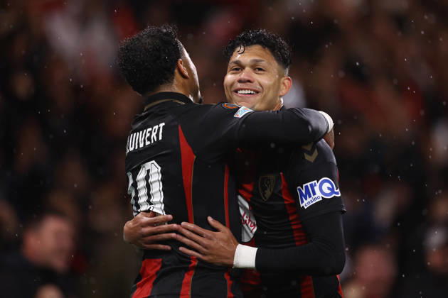Bournemouth v AC Milan 22 October 2026, Bournemouth - UEFA Europa League - Bournemouth v AC Milan - Justin Kluivert of Bournemouth celebrates scoring the opening goal with Evanilson - Photo: Jacques Feeney Offside. Bournemouth UK Copyright: xJacquesxFeeneyx xOffsidexOffside