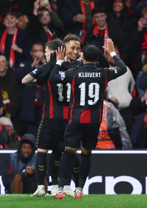 Bournemouth, England, 22nd October 2026. Marcus Tavernier of Bournemouth (c) celebrates scoring their second goal. Again from the penalty spot during the AFC Bournemouth vs AC Milan UEFA Europa League match at the Vitality Stadium, Bournemouth. Picture credit should read: Paul Terry Sportimage EDITORIAL USE ONLY. No use with unauthorised audio, video, data, fixture lists, club league logos or live services. Online in-match use limited to 120 images, no video emulation. No use in betting, games or single club league player publications. SPI_030_PT_Bournmouthmouth_AC_Milan SPI-5092-0029