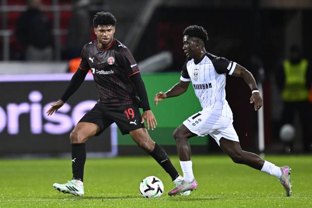 FC Midtjylland v Sint-Truidense VV - UEFA Conference League HERNING, DENMARK - OCTOBER 22 : Bravo Pedro midfielder of Midtjylland and Mbuku Nathanael forward of Sint-Truidense VV during the UEFA Conference League 2026 27 League Phase matchday 2 match between FC Midtjylland and Sint-Truidense VV on October 22, 2026 in Herning, Denmark, 22 10 2026 Herning Denmark Copyright: xTomasxSiskx
