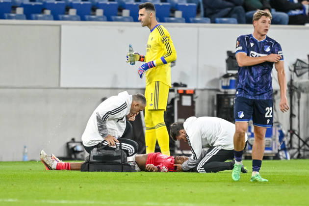 Steeve Kango (Olympique Lyon) injured on the ground during the UEFA Europa League 2026 27 League Phase match between TSG 1899 Hoffenheim and Olympique Lyonnais at Rhein-Neckar-Arena on October 22, 2026 in Sinsheim, Germany. (Photo by Harry Langer DeFodi Images) -