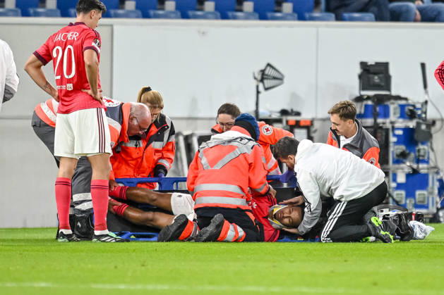 Steeve Kango (Olympique Lyon) injured on the ground during the UEFA Europa League 2026 27 League Phase match between TSG 1899 Hoffenheim and Olympique Lyonnais at Rhein-Neckar-Arena on October 22, 2026 in Sinsheim, Germany. (Photo by Harry Langer DeFodi Images) -