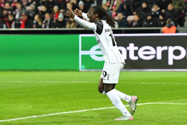 STVV s Frederic Soelle Soelle celebrates after scoring during a soccer game between Danish FC Midtjylland and Belgian Sint-Truidense VV, Thursday 22 October 2026 in Herning, Denmark, on the second day of the UEFA Conference League league phase. JILLxDELSAUX  x190693132x