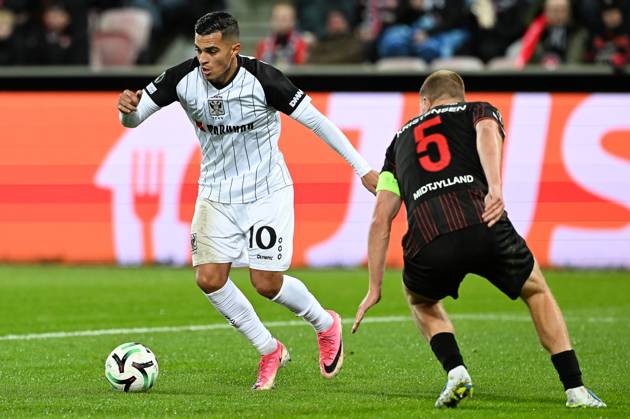 STVV s Ilias Sebaoui and Midtjylland s Rasmus Kristensen pictured in action during a soccer game between Danish FC Midtjylland and Belgian Sint-Truidense VV, Thursday 22 October 2026 in Herning, Denmark, on the second day of the UEFA Conference League league phase. JILLxDELSAUX  x190692141x