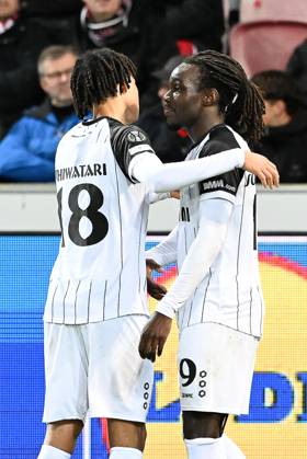 STVV s Frederic Soelle Soelle celebrates after scoring during a soccer game between Danish FC Midtjylland and Belgian Sint-Truidense VV, Thursday 22 October 2026 in Herning, Denmark, on the second day of the UEFA Conference League league phase. JILLxDELSAUX  x190693074x