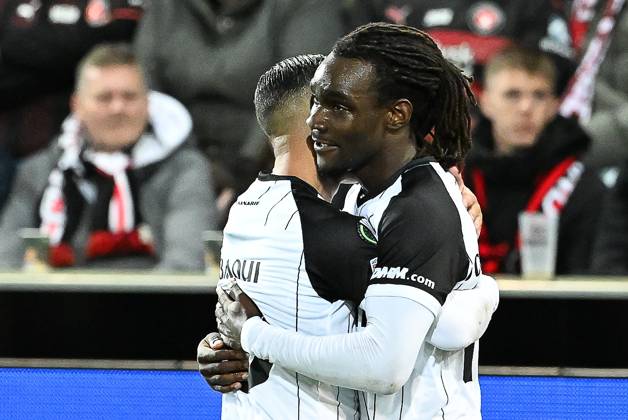 STVV s Frederic Soelle Soelle celebrates after scoring during a soccer game between Danish FC Midtjylland and Belgian Sint-Truidense VV, Thursday 22 October 2026 in Herning, Denmark, on the second day of the UEFA Conference League league phase. JILLxDELSAUX  x190693082x