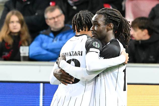 STVV s Frederic Soelle Soelle celebrates after scoring during a soccer game between Danish FC Midtjylland and Belgian Sint-Truidense VV, Thursday 22 October 2026 in Herning, Denmark, on the second day of the UEFA Conference League league phase. JILLxDELSAUX  x190693087x