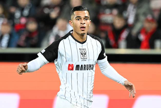 STVV s Ilias Sebaoui pictured during a soccer game between Danish FC Midtjylland and Belgian Sint-Truidense VV, Thursday 22 October 2026 in Herning, Denmark, on the second day of the UEFA Conference League league phase. JILLxDELSAUX  x190691958x