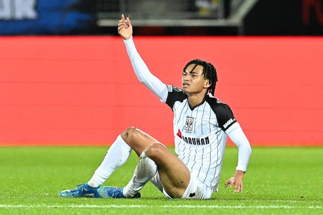 STVV s Nelson Ishiwatari reacts during a soccer game between Danish FC Midtjylland and Belgian Sint-Truidense VV, Thursday 22 October 2026 in Herning, Denmark, on the second day of the UEFA Conference League league phase. JILLxDELSAUX  x190691970x