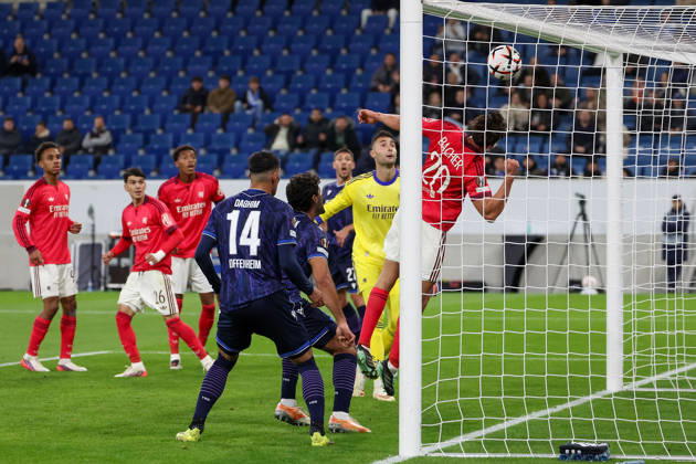 Sinsheim, Germany - Octobre 22: Andrej Kramaric (TSG 1899 Hoffenheim) scores the goal to 1:0. Felix Bacher (Olympique Lyon) during the UEFA Europa League phase Matchday 3 2026 27 match between TSG Hoffenheim and Olympique Lyon at Rhein Neckar Arena on Octobre, 2026 in Sinsheim, Germany Copyright: HMBxMedia JoaquimxFerreira