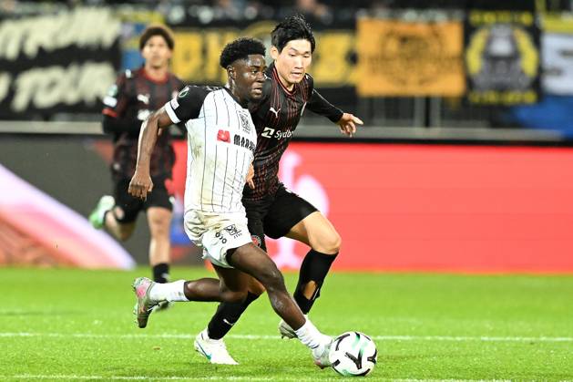 Midtjylland s Huyn-Seok Hong pictured in action during a soccer game between Danish FC Midtjylland and Belgian Sint-Truidense VV, Thursday 22 October 2026 in Herning, Denmark, on the second day of the UEFA Conference League league phase. JILLxDELSAUX  x190694274x