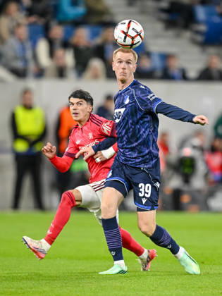 Kail Boudache (Olympique Lyon) and Mats Rots (TSG 1899 Hoffenheim) battle for the ball during the UEFA Europa League 2026 27 League Phase match between TSG 1899 Hoffenheim and Olympique Lyonnais at Rhein-Neckar-Arena on October 22, 2026 in Sinsheim, Germany. (Photo by Harry Langer DeFodi Images) -
