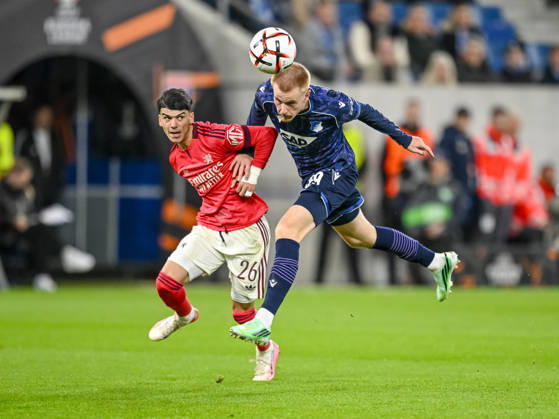 Kail Boudache (Olympique Lyon) and Mats Rots (TSG 1899 Hoffenheim) battle for the ball during the UEFA Europa League 2026 27 League Phase match between TSG 1899 Hoffenheim and Olympique Lyonnais at Rhein-Neckar-Arena on October 22, 2026 in Sinsheim, Germany. (Photo by Harry Langer DeFodi Images) -