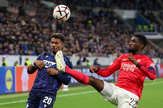 Sinsheim, Germany - Octobre 22: Bambase Conte (TSG 1899 Hoffenheim), Clinton Mata (Olympique Lyon) battles for the Ball during the UEFA Europa League phase Matchday 3 2026 27 match between TSG Hoffenheim and Olympique Lyon at Rhein Neckar Arena on Octobre, 2026 in Sinsheim, Germany Copyright: HMBxMedia JoaquimxFerreira