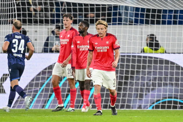 Felix Bacher (Olympique Lyon) and Mads Bidstrup (Olympique Lyon) look dejected during the UEFA Europa League 2026 27 League Phase match between TSG 1899 Hoffenheim and Olympique Lyonnais at Rhein-Neckar-Arena on October 22, 2026 in Sinsheim, Germany. (Photo by Harry Langer DeFodi Images) -