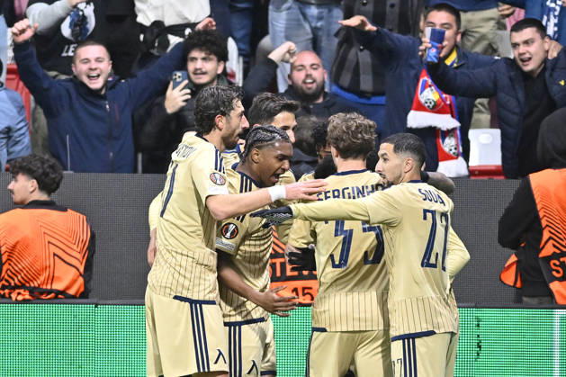 Fotball UEFA Europa League 3rd round match: Viktoria Plzen vs Levski Sofia in Pilsen, Czech Republic, October 22, 2026. Soccer players of Levski Sofia celebrate goal. (CTKxPhoto MiroslavxChaloupka) CTKPhotoP2026102209839  CTKPhotoP2026102209839