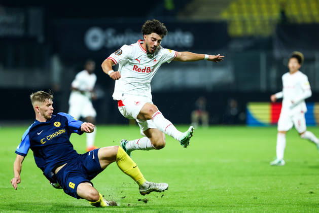 SOCCER - UEFA EL, Celje vs RBS CELJE,SLOVENIA,22.OCT.26 - SOCCER - UEFA Europa League, NK Celje vs Red Bull Salzburg. Image shows Artemijus Tutyskinas (Celje) and Umut Tohumcu (Salzburg).  GEPAxpictures xJamesxDoak