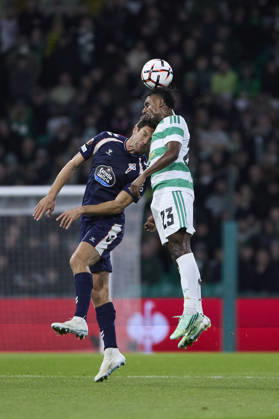 Celtic FC v Real Club Celta - UEFA Europa League 2026 27 League Phase MD3 GLASGOW, SCOTLAND - OCTOBER 22: Marcos Alonso of RC Celta de Vigo competes for the ball with Haissem Hassan of Celtic FC during the UEFA Europa League 2026 27 League Phase MD3 match between Celtic FC and Real Club Celta de Vigo at Celtic Park on October 22, 2026 in Glasgow, Scotland. (Photo by Diego Simon Photo Players Images Magara Press) Glasgow Celtic Park Stadium Scotland Copyright: xDiegoxSimonx