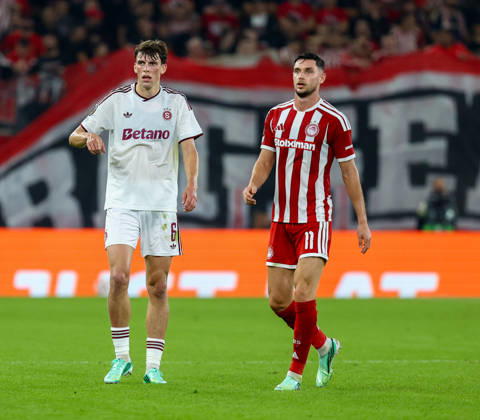 Olympiacos F.C. v AC Sparta Prague UEFA Europa League Roman Yaremchuk of Olympiacos F.C. and Tobias Guddal of AC Sparta Prague during the UEFA Europa League match at Karaiskakis Stadium, Piraeus 22 10 2026 UK Newspapers OUT Copyright: xYannisxHalasx FIL-24108-0056