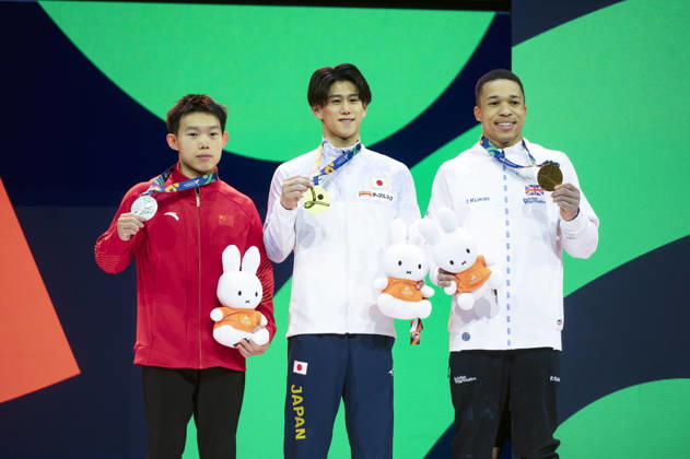 Rotterdam The Netherlands 22nd October 2026 World Championships artistic gymnastics. Men™s allround competition Podium places Haonan Yang (CHN) silver Winner Daiki Hashimoto (JPN) Braonze Joe Fraser (GBR)