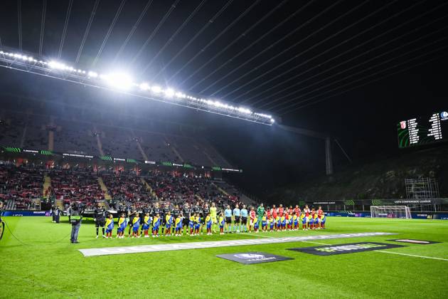 This picture shows the start of a soccer game between Portuguese SC Braga and Belgian soccer team KAA Gent, Thursday 22 October 2026 in Braga, Portugal, the second match in the UEFA Conference League league phase. TOM GOYVAERTS TomxGoyvaerts  x190696758x