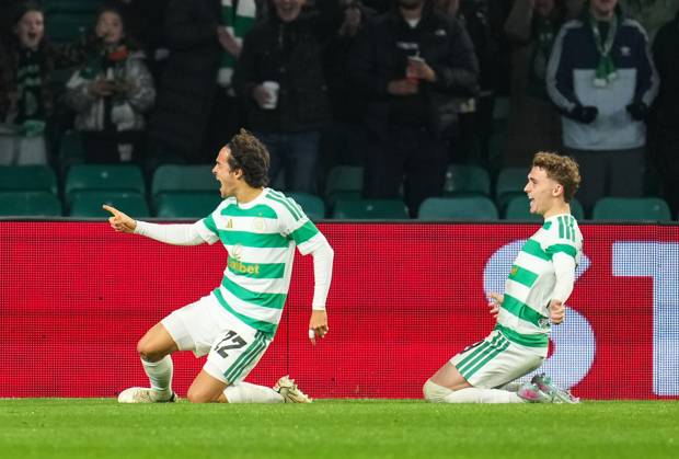 Mika Baur of Celtic is chased by team mate Callum Osmand as he celebrates scoring to give Celtic a 1-0 lead Celtic v Celta Vigo, UEFA Europa League, Football, Celtic Park, Glasgow, Scotland, UK - 22 Oct 2026Glasgow Celtic Park Scotland United Kingdom  Copyright: xStuartxWallace Shutterstockx 17230137cc