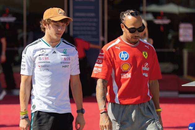 RECORD DATE NOT STATED 22nd October 2026; Circuit of the Americas, Austin, United States; Formula 1, United States Grand Prix, Arrival Day; Andrea Kimi Antonelli (12) of Italy and Mercedes-AMG PETRONAS Formula One Team and Lewis Hamilton (44) of Great Britain and Scuderia Ferrari HP leave the press conference, PK, Pressekonferenz BobxKupbens