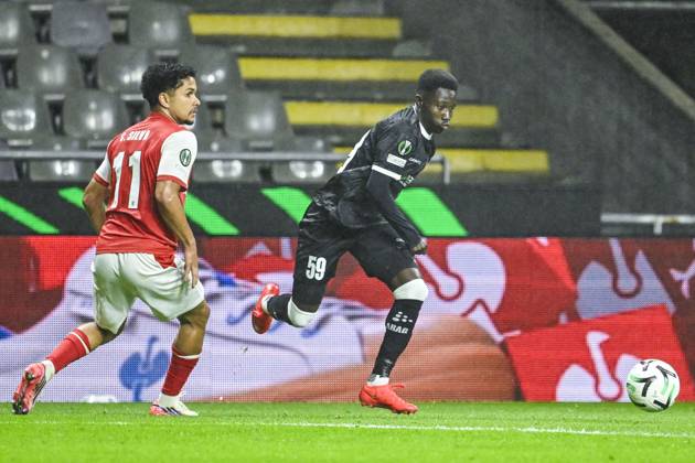Gabriel Silva of SC Braga and El Hadji Seck of KAA Gent pictured in action during a soccer game between Portuguese SC Braga and Belgian soccer team KAA Gent, Thursday 22 October 2026 in Braga, Portugal, the second match in the UEFA Conference League league phase. TOM GOYVAERTS TomxGoyvaerts  x190698591x
