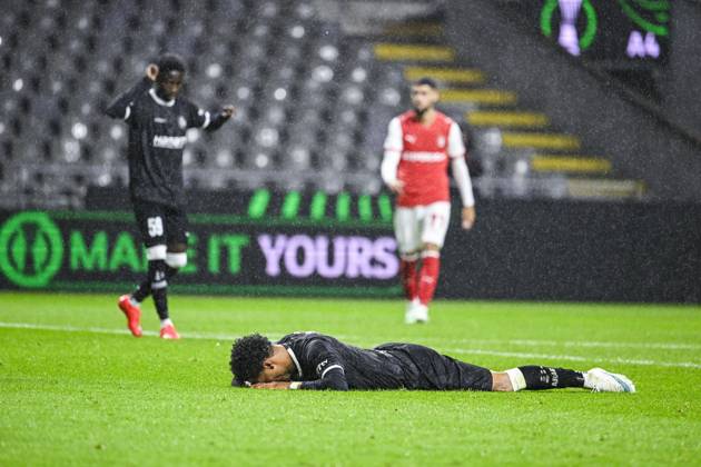 Momodou Lamin Sonko of KAA Gent reacts after missing a big chance during a soccer game between Portuguese SC Braga and Belgian soccer team KAA Gent, Thursday 22 October 2026 in Braga, Portugal, the second match in the UEFA Conference League league phase. TOM GOYVAERTS TomxGoyvaerts  x190698814x