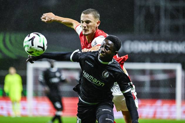 Gustaf Lagerbielke of SC Braga and El Hadji Seck of KAA Gent pictured in action during a soccer game between Portuguese SC Braga and Belgian soccer team KAA Gent, Thursday 22 October 2026 in Braga, Portugal, the second match in the UEFA Conference League league phase. TOM GOYVAERTS TomxGoyvaerts  x190698817x