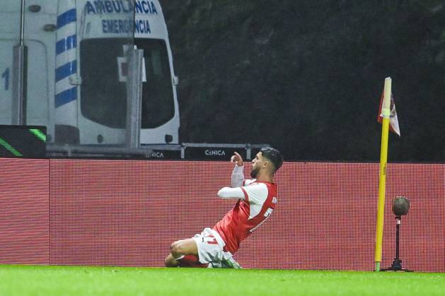 Gabriel Martinez Aguilera of SC Braga celebrates after scoring during a soccer game between Portuguese SC Braga and Belgian soccer team KAA Gent, Thursday 22 October 2026 in Braga, Portugal, the second match in the UEFA Conference League league phase. TOM GOYVAERTS TomxGoyvaerts  x190699029x