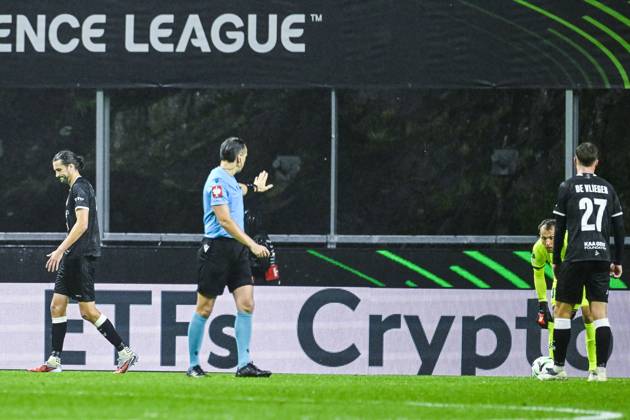 Christian Burgess of KAA Gent looks dejected during a soccer game between Portuguese SC Braga and Belgian soccer team KAA Gent, Thursday 22 October 2026 in Braga, Portugal, the second match in the UEFA Conference League league phase. TOM GOYVAERTS TomxGoyvaerts  x190699424x