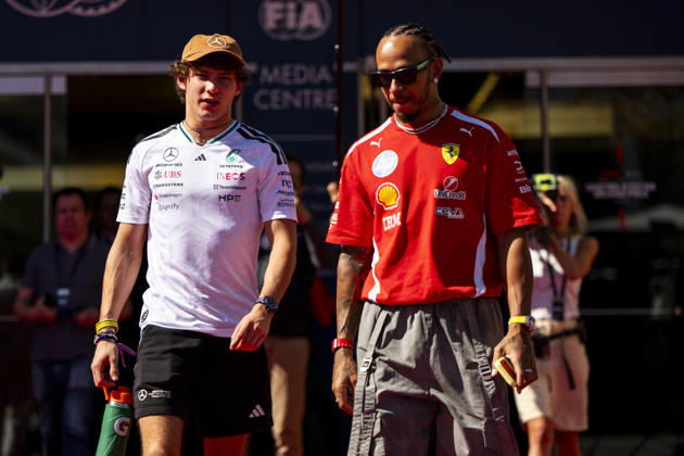 Italian Formula One driver Andrea Kimi Antonelli of Mercedes-AMG Petronas and British Formula One driver Lewis Hamilton of Scuderia Ferrari leave a press conference, PK, Pressekonferenz prior to the Formula One United States Grand Prix at the Circuit of the Americas in Austin, Texas on Thursday, October 22, 2026.  AUS2026102241 GREGxNASH